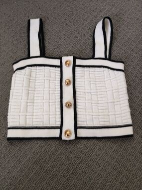 White Knit Cropped Tank with Black Trim & Gold Buttons